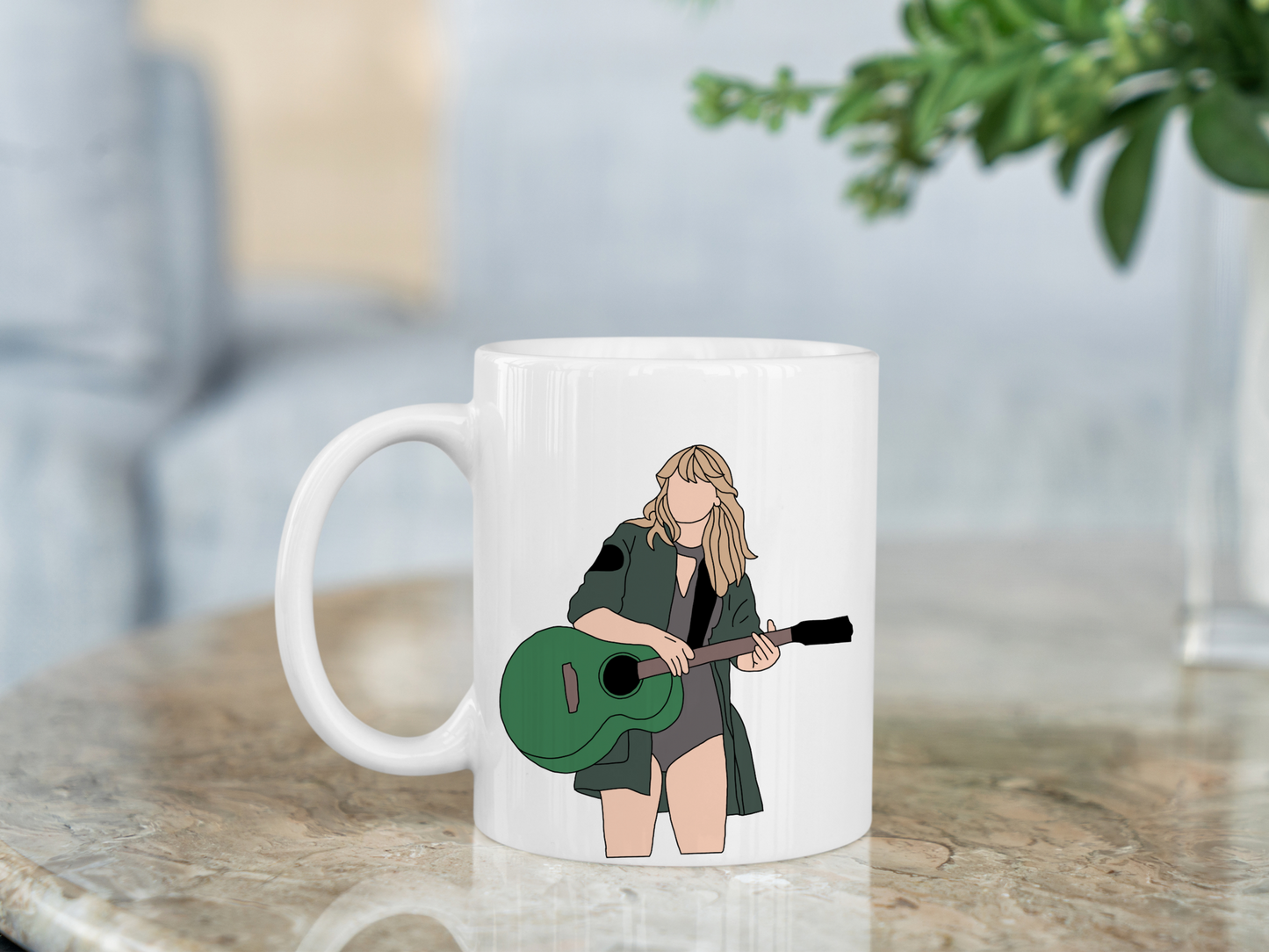 A white ceramic mug with a drawing of Taylor Swift from her Reputation Era on the front. This is a 10oz mug which is perfect for fans of Era's Tour, particularly the Reputation Album. Made and sold by Krissi's Creations.