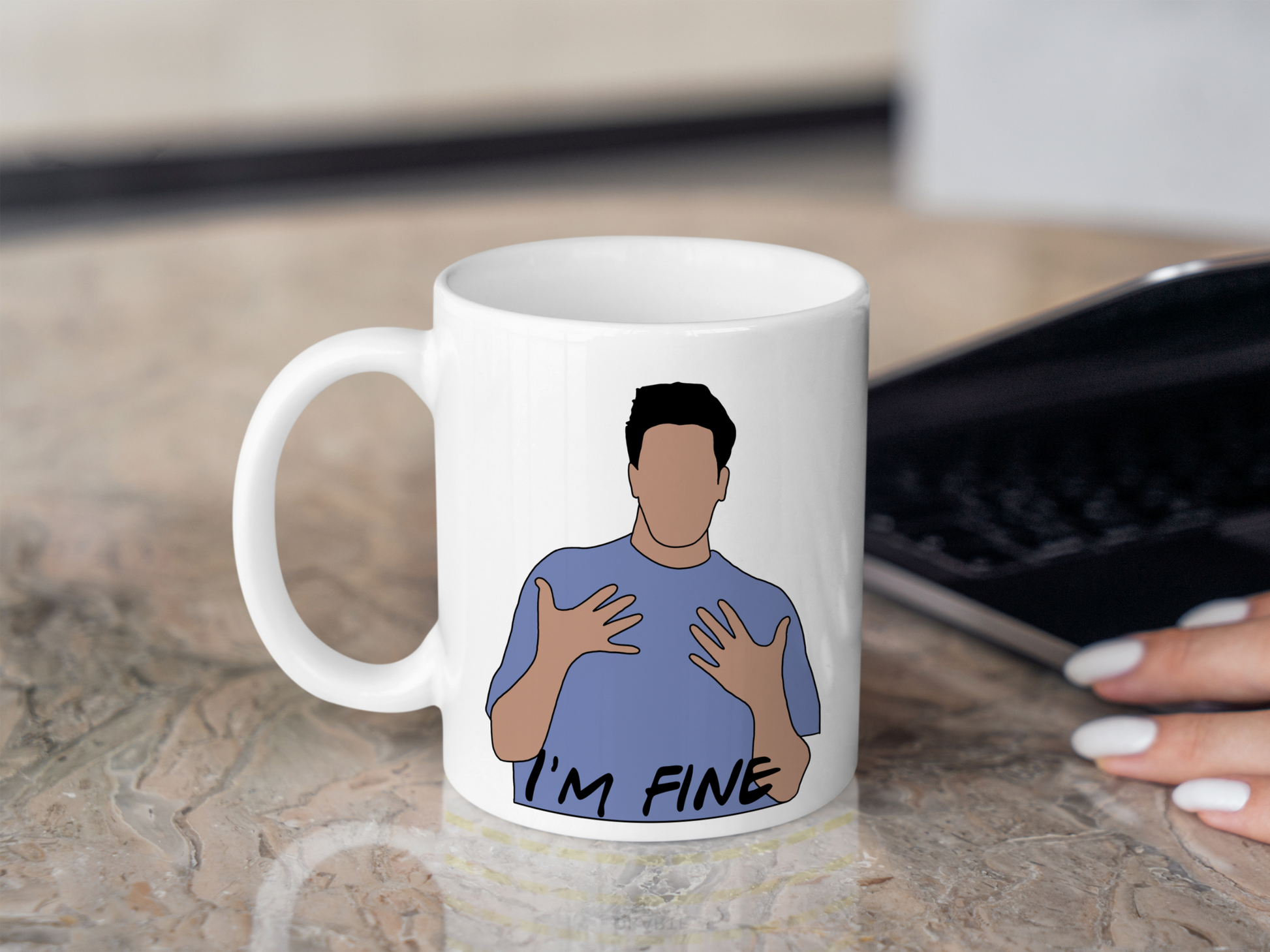 A white ceramic mug with a drawing of Ross Gellar from Friends on the front. This is a 10oz mug which is perfect for fans of Friends, particularly the character Ross. Made and sold by Krissi's Creations.