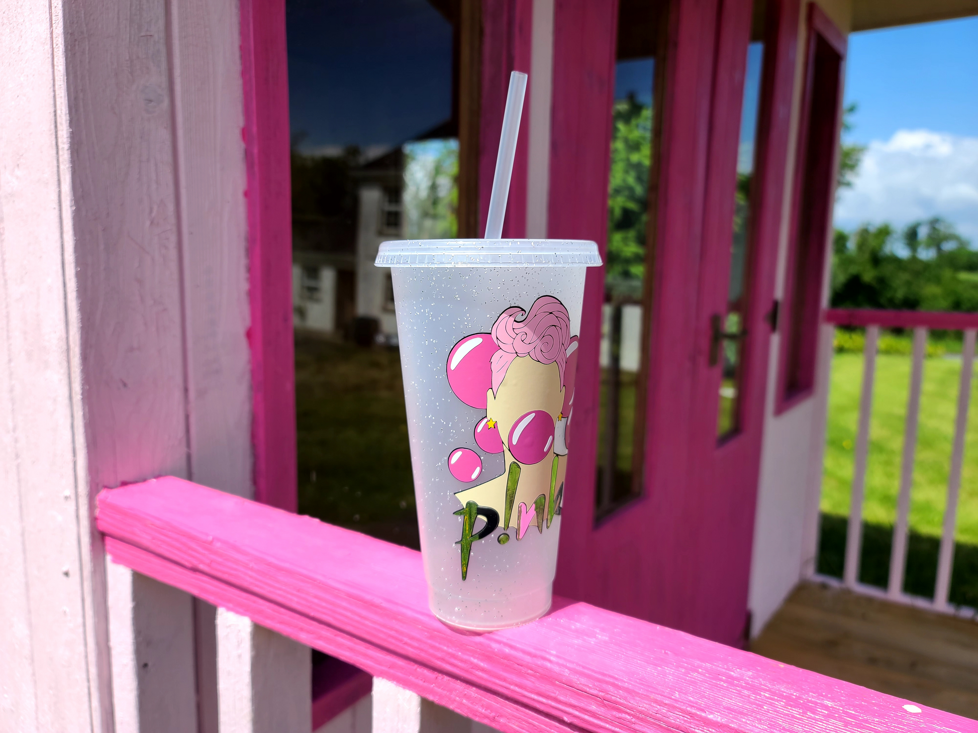 A frosted tumbler with a drawing of Pink P!nk. This is a 24oz cup which is perfect for fans of Pink. Made and sold by Krissi's Creations.