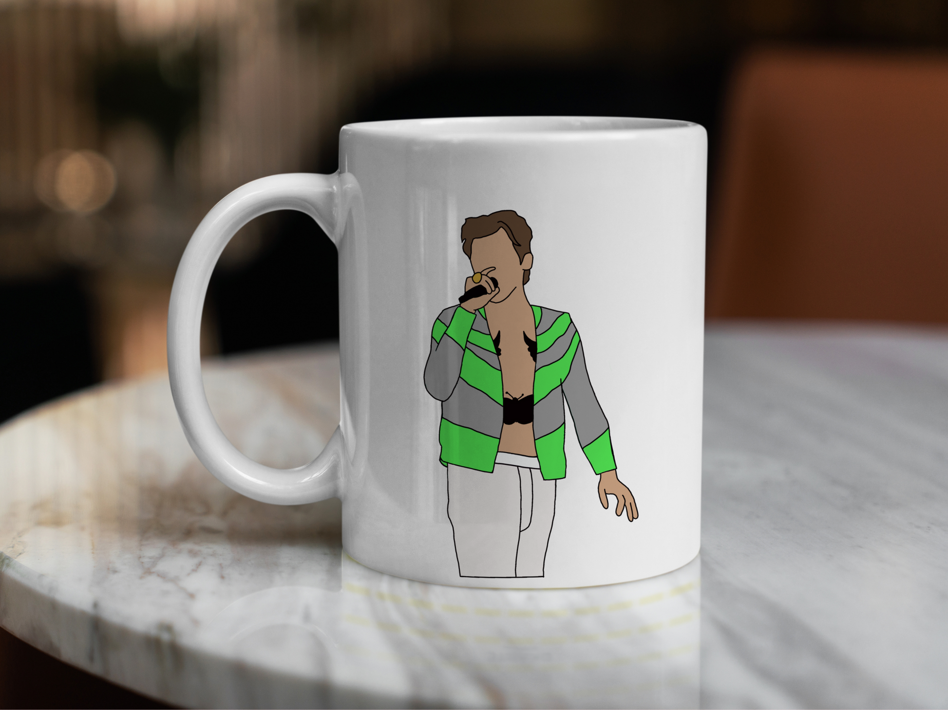 A white ceramic mug with a drawing of Harry Styles Slane Love On Tour Outfit on the front. This is a 10oz mug which is perfect for fans of Harry Styles Love on Tour Concert. Made and sold by Krissi's Creations.