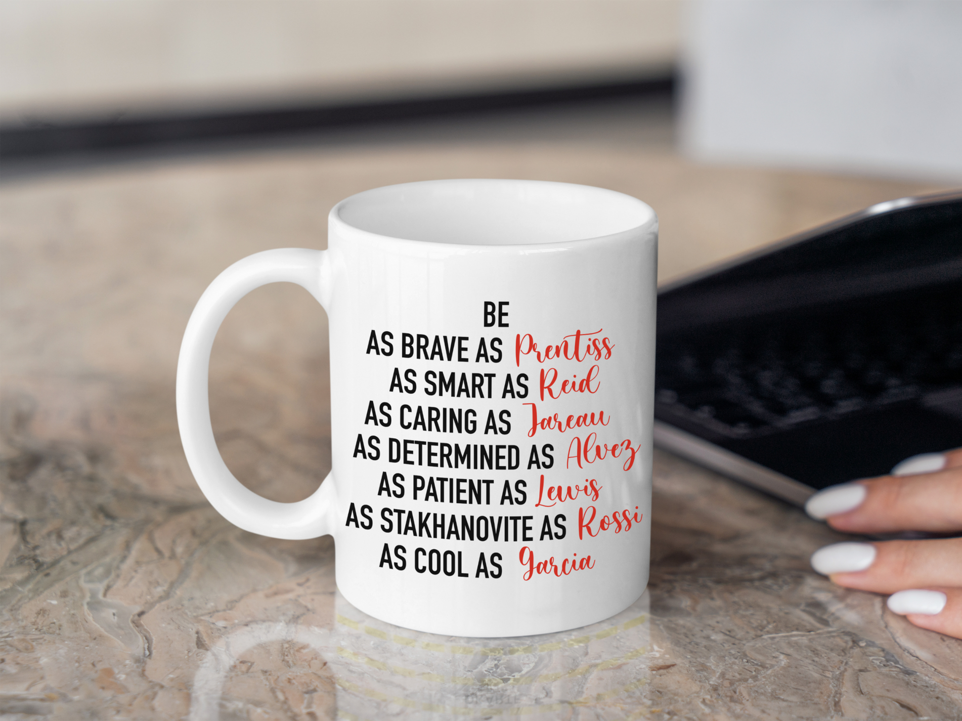 A white ceramic mug with the text about the Characters on Criminal Minds on the front. This is a 10oz mug which is perfect for fans of the series Criminal Minds. Made and sold by Krissi's Creations. 
Prentiss, Reid, Jareau, Alvez, Lewis, Rossi, Garcia.