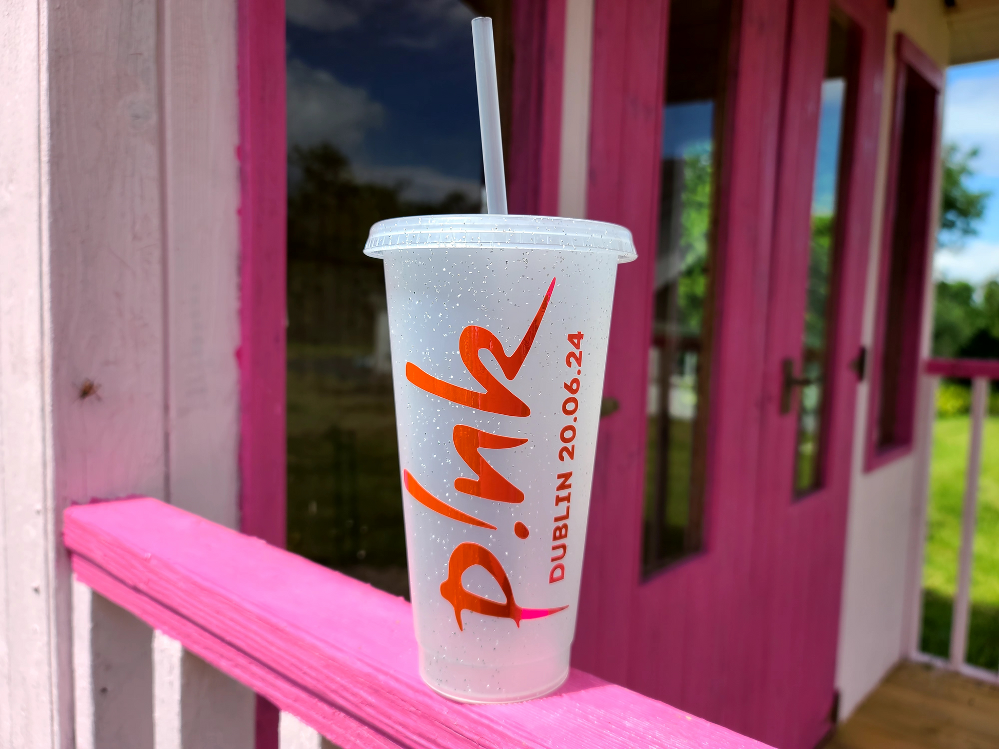 A frosted tumbler with a Pink P!nk Logo Concert Date. This is a 24oz cup which is perfect for fans of Pink. Made and sold by Krissi's Creations.