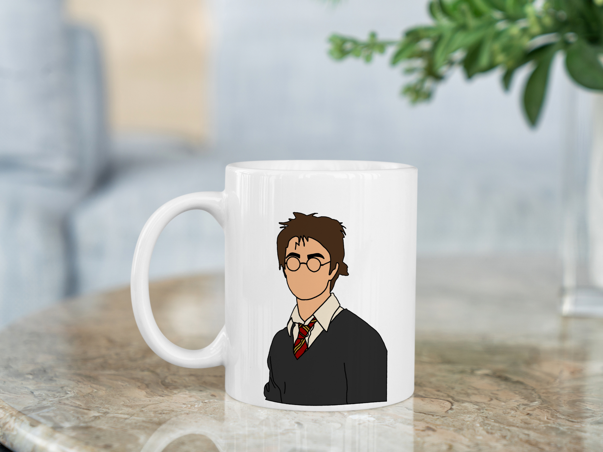 A white ceramic mug with the Characters on Harry Potter on the front. This is a 10oz mug which is perfect for fans of the Harry Potter Movies. Made and sold by Krissi's Creations. 