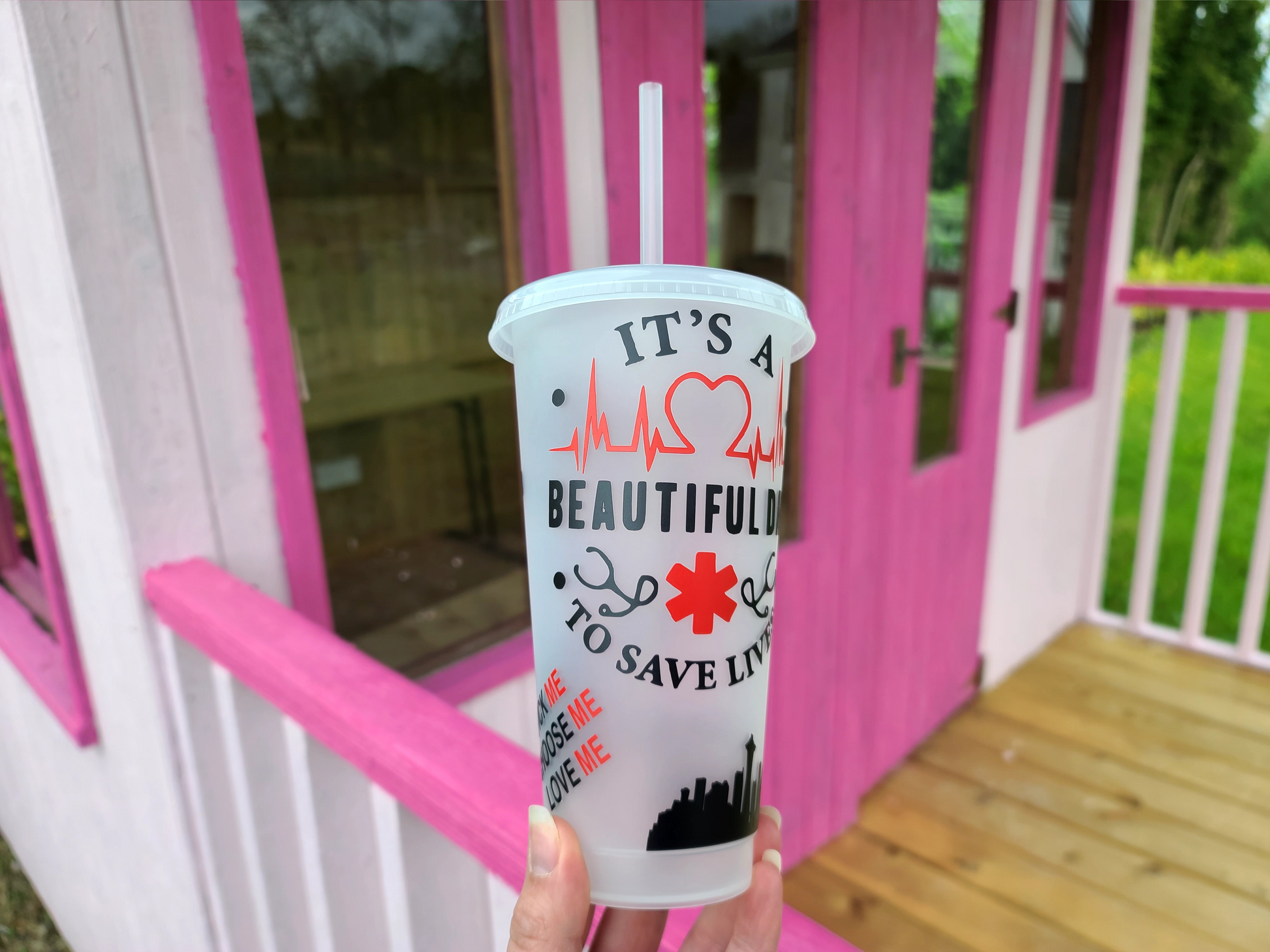 Grey's Anatomy 24oz Cold Cup / Starbucks Custom Tumbler Cup / Beautiful Day To Save Lives / Reusable Greys Anatomy Quotes Cup Straw and Lid