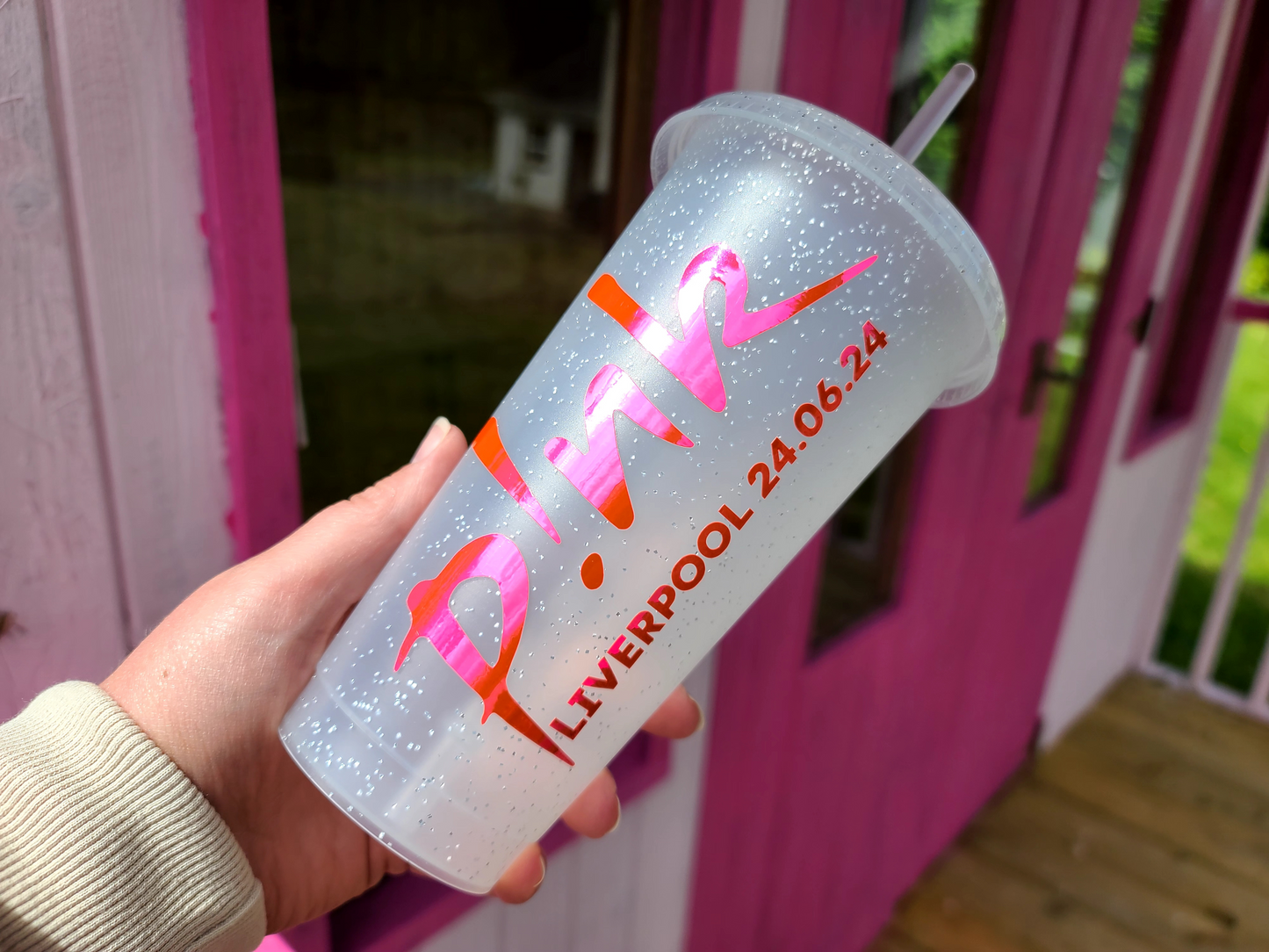 A frosted tumbler with a Pink P!nk Logo Concert Date. This is a 24oz cup which is perfect for fans of Pink. Made and sold by Krissi's Creations.