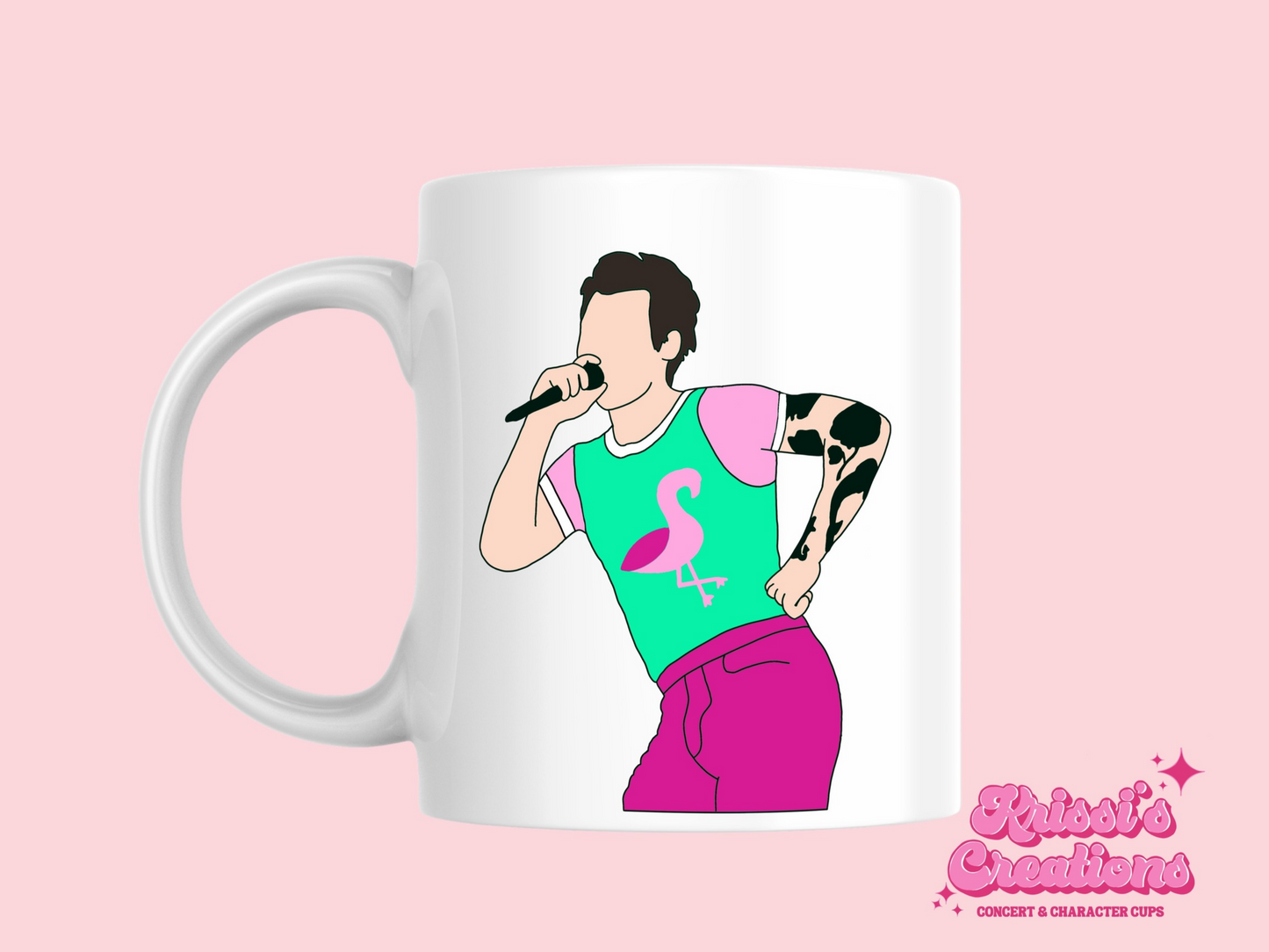 A white ceramic mug with a drawing of Harry Styles Cardiff Night 2 Outfit on the front. This is a 10oz mug which is perfect for fans of Harry Styles Love on Tour Concert. Made and sold by Krissi's Creations.