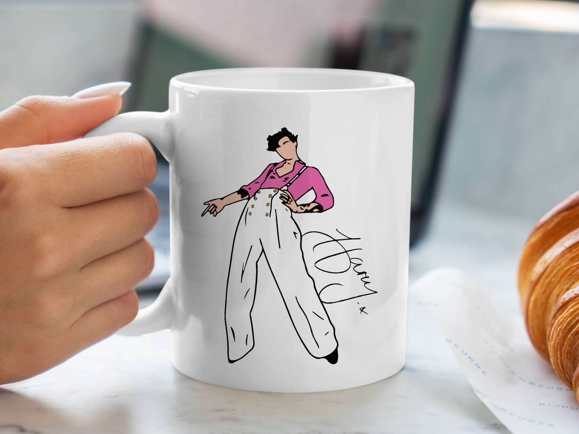 A white ceramic mug with a drawing of Harry Styles Watermelon Sugar Hqrrys House Outfit on the front. This is a 10oz mug which is perfect for fans of Harry Styles Love on Tour Concert. Made and sold by Krissi's Creations.