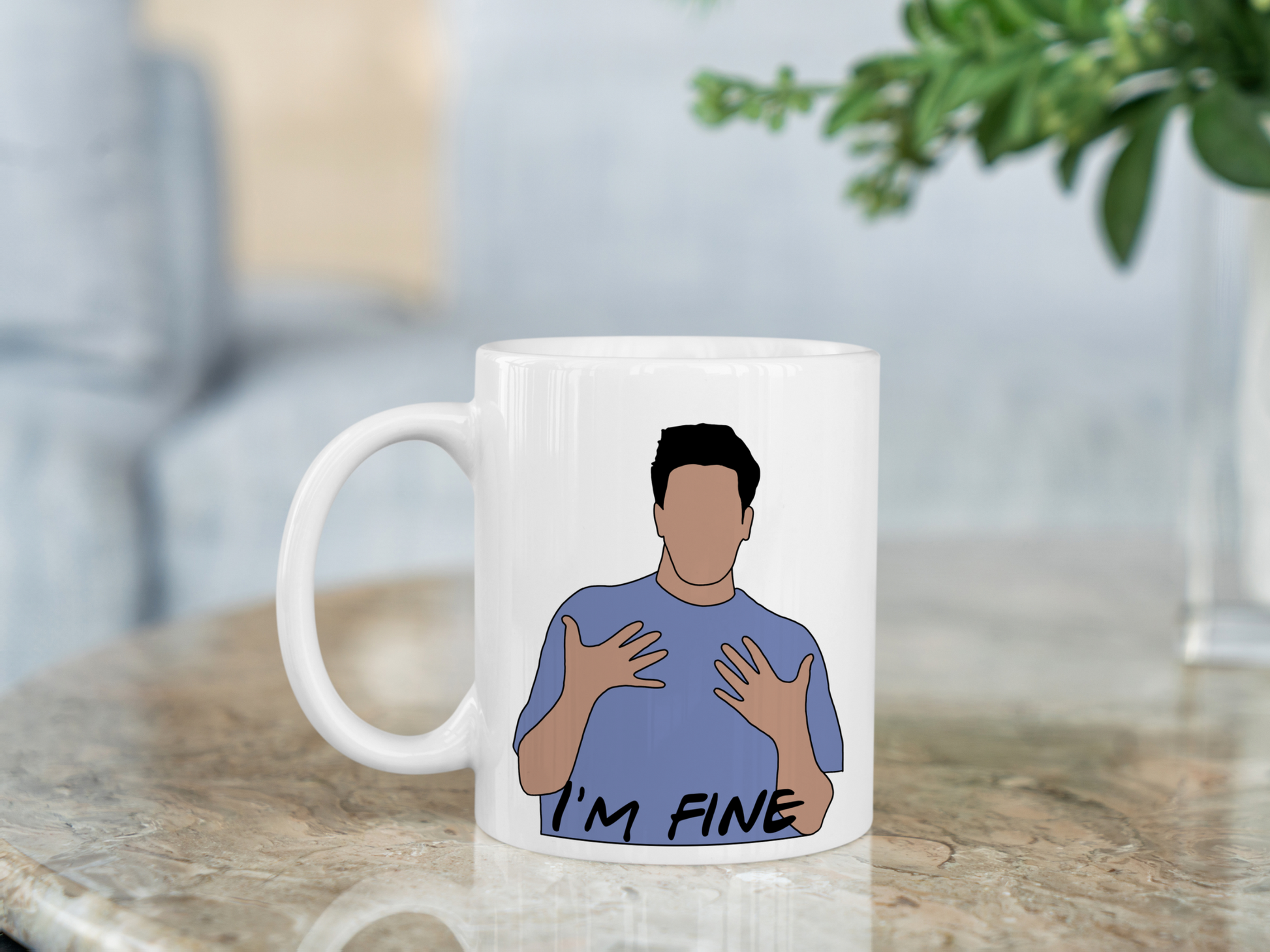 A white ceramic mug with a drawing of Ross Gellar from Friends on the front. This is a 10oz mug which is perfect for fans of Friends, particularly the character Ross. Made and sold by Krissi's Creations.