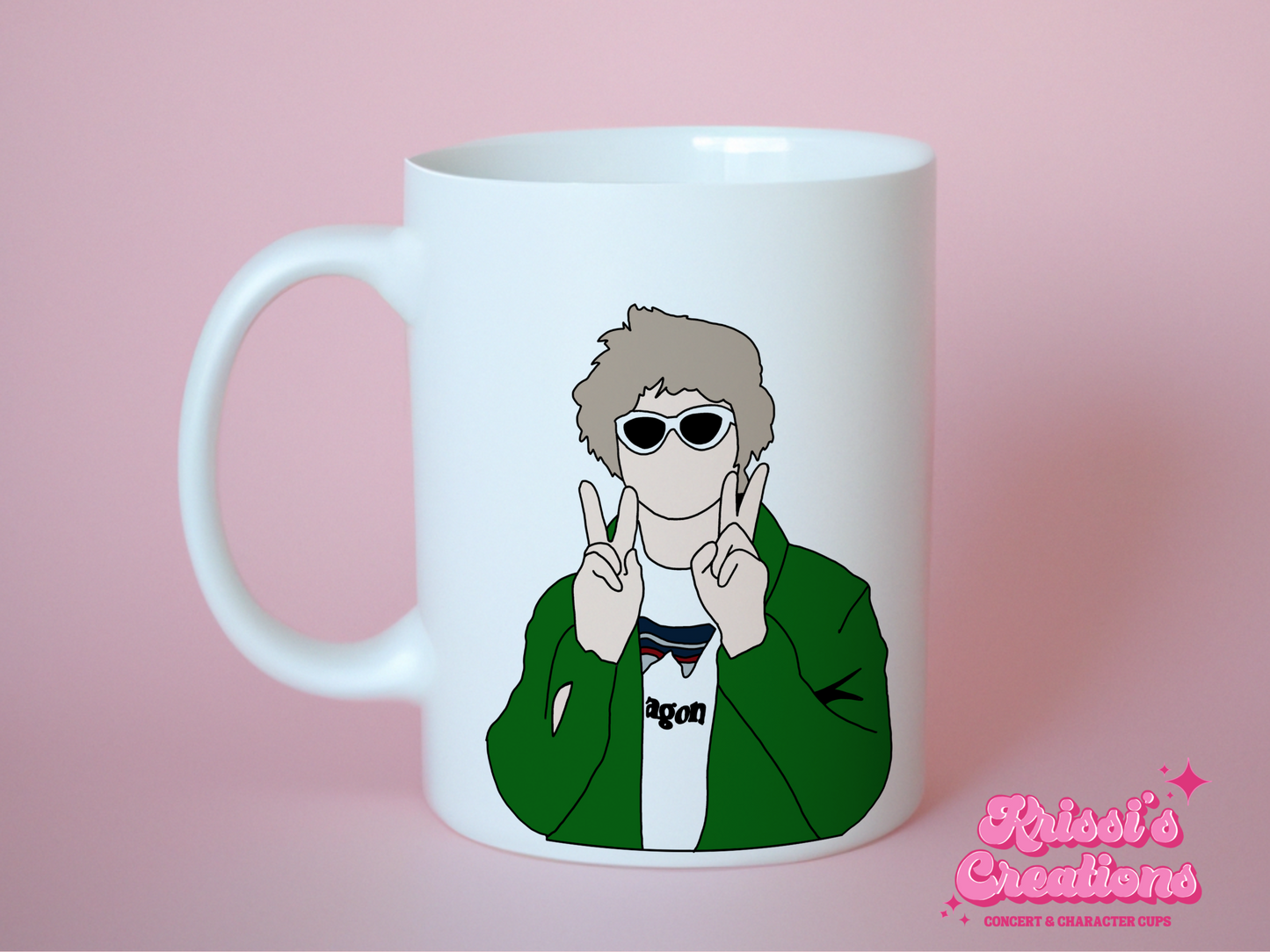 A white ceramic mug with a drawing of Lewis Capaldi on the front. This is a 10oz mug which is perfect for fans of Lewis Capaldi Concerts. Made and sold by Krissi's Creations.