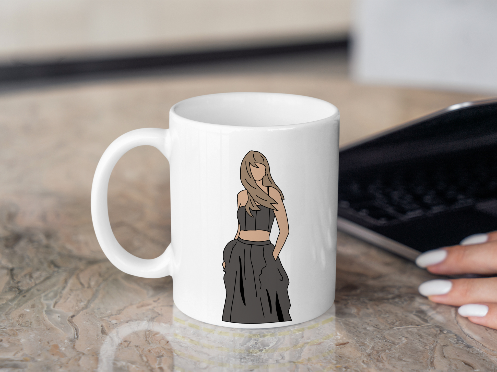 A white ceramic mug with a drawing of Taylor Swift from her Tortured Poets Department Era on the front. This is a 10oz mug which is perfect for fans of Era's Tour, particularly the TTPD Album. Made and sold by Krissi's Creations.