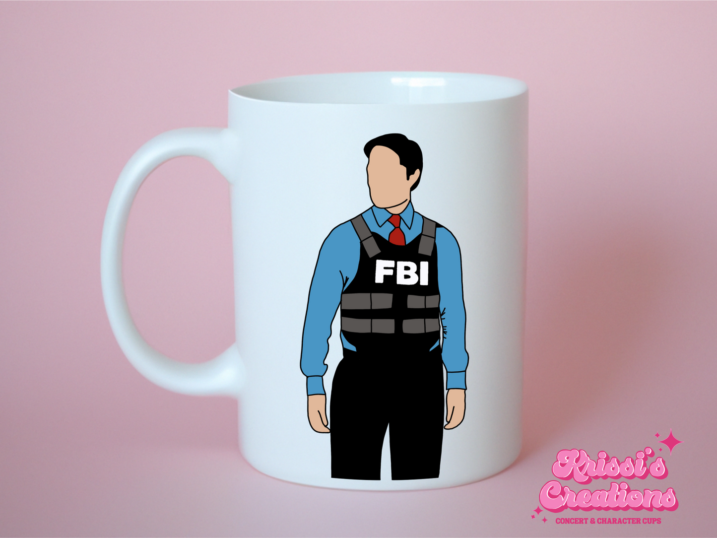 A white ceramic mug with a drawing of Aaron Hotchner from Criminal Minds on the front. This is a 10oz mug which is perfect for fans of Criminal Minds, particularly the character Aaron Hotchner. Made and sold by Krissi's Creations.
