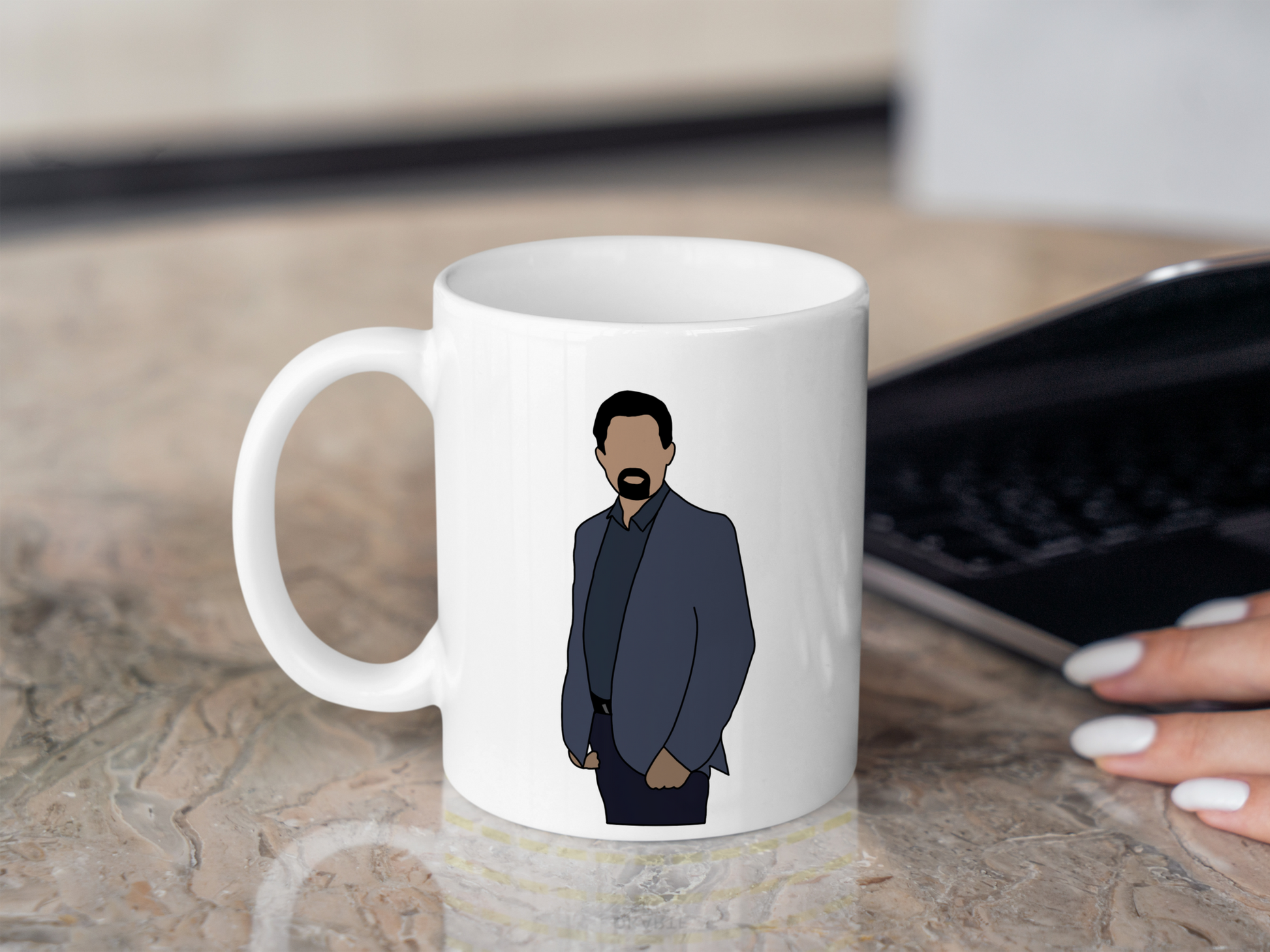 A white ceramic mug with a drawing of David Rossi from Criminal Minds on the front. This is a 10oz mug which is perfect for fans of Criminal Minds, particularly the character David Rossi. Made and sold by Krissi's Creations.