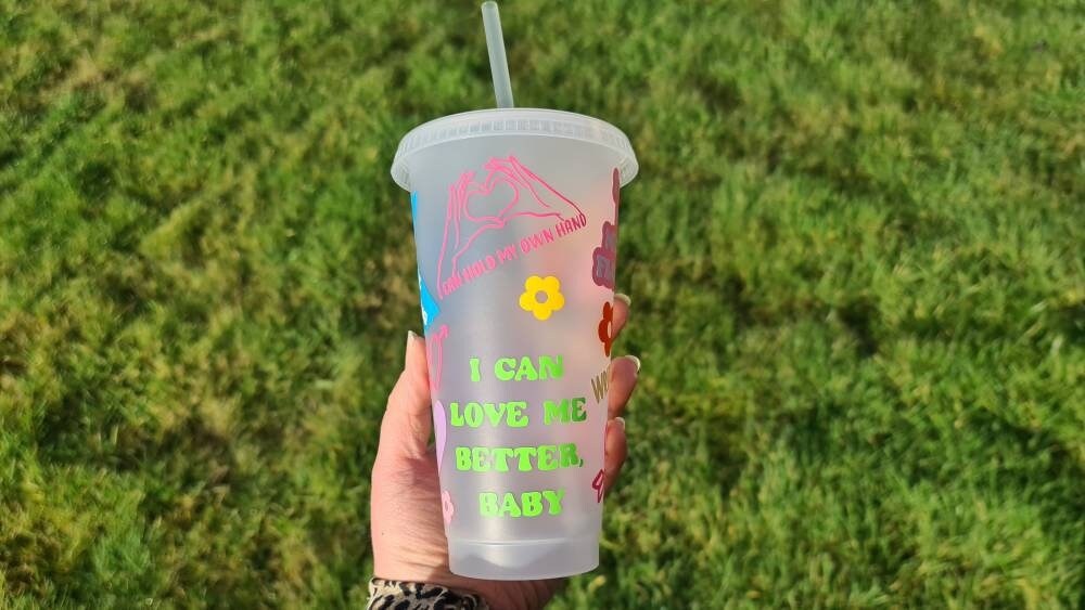 Miley Cyrus Flowers Lyrics 24oz Cold Cup / Starbucks Glitter Custom Tumbler Cup / Personalised Teen Gift / Pop Star / Reusable Quotes Cup Straw and Lid