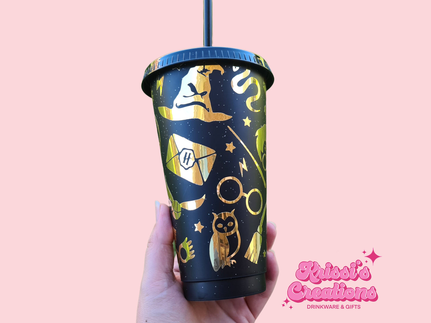 Harry Potter Gold and Black Glitter 24oz Cup / Starbucks Style Reusable Tumbler With Lid and Straw / Harry Potter Christmas Birthday Gift