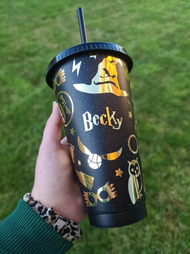 Harry Potter Gold and Black Glitter 24oz Cup / Starbucks Style Reusable Tumbler With Lid and Straw / Harry Potter Christmas Birthday Gift